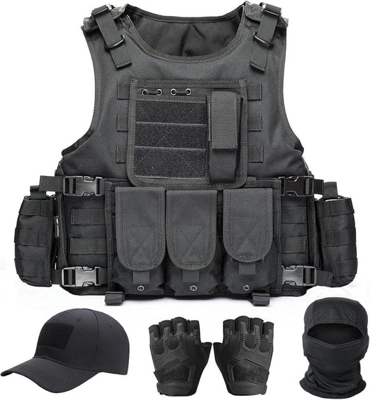 Tactical Vest for Men - Black Molle Airsoft Gear with Cap | Durable & Lightweight