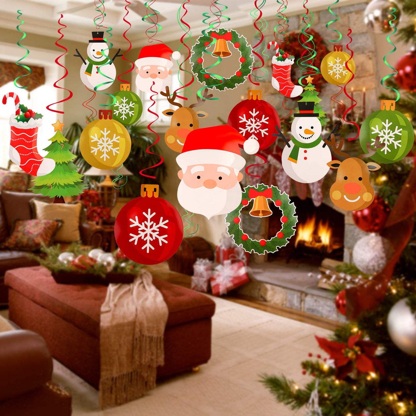 Konsait Christmas Hanging Swirl Decoration Kit(32pcs), Merry Christmas Swirls Garland Xmas Tree Snowman Socks Santa Foil Hanging Ceiling for Xmas Winter Wonderland Holiday Party Decor Supplier