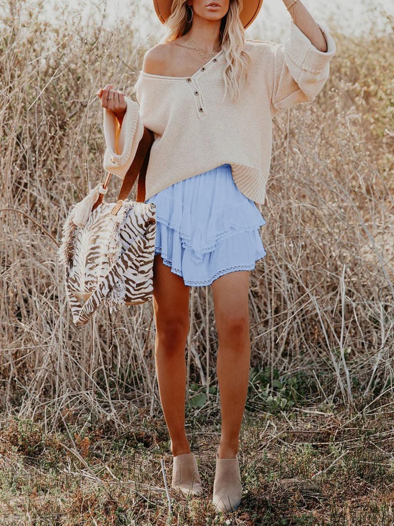 Aoudery Flowy Shorts for Women Casual Boho Ruffle Tiered Skorts High Waist Mini Skirts Golf Tennis Butterfly Crochet Shorts - Light Blue L