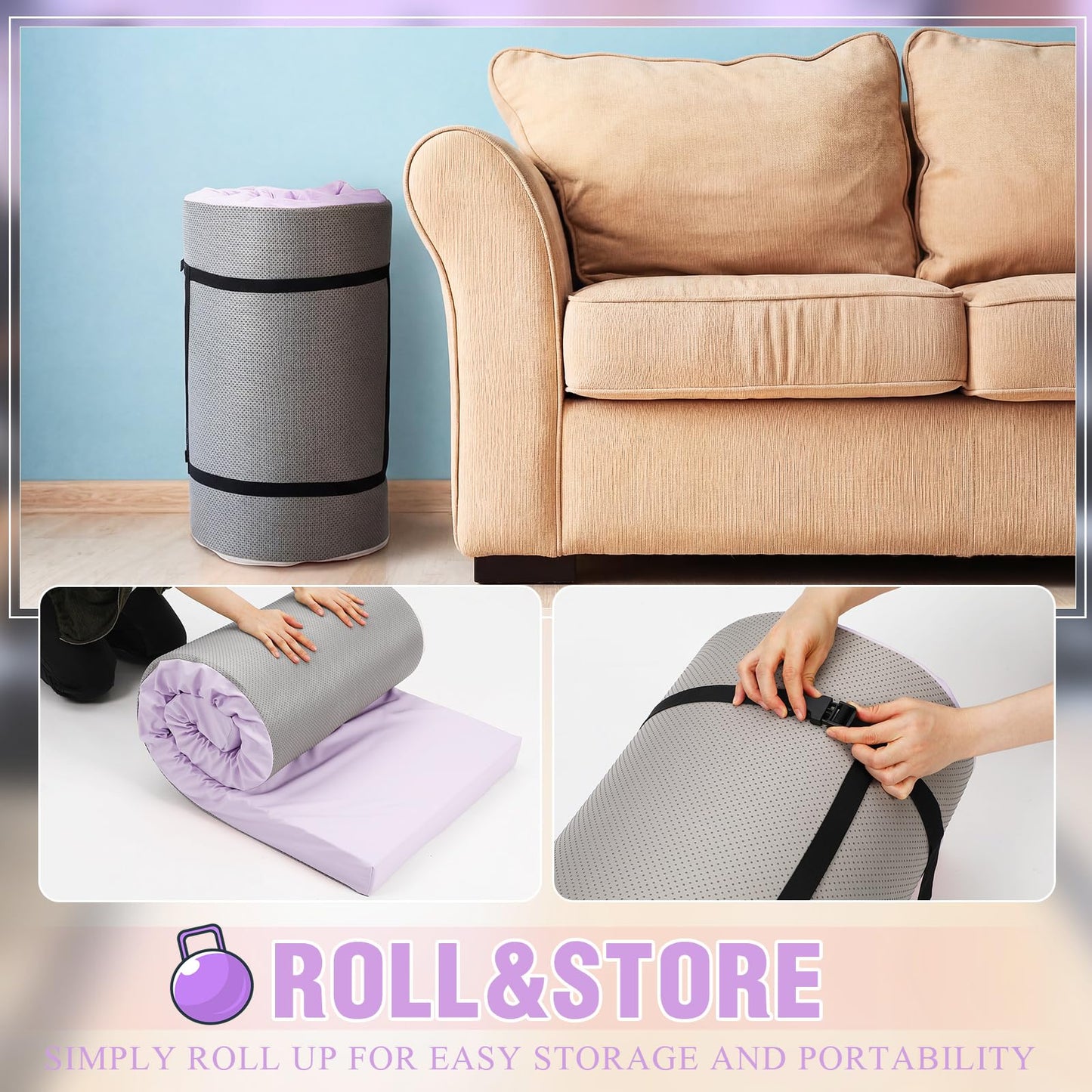 Lyrow 3 Inch 72"x 24" Thick Foldable Yoga Mat with Carry Strap, Non-slip Portable Foam Gym Mat for Yoga, Pilates and Stretching(Taro Purple)