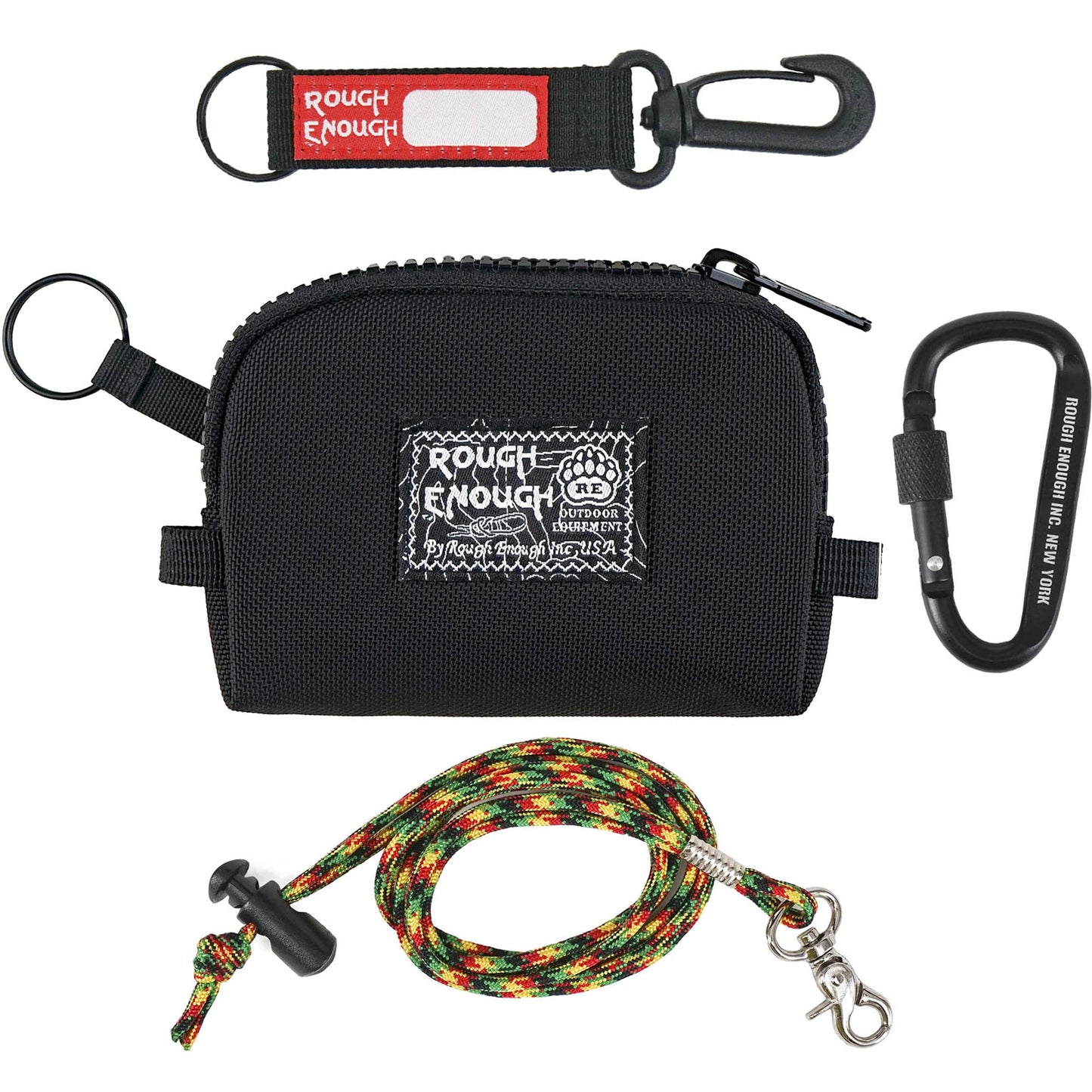 Rough Enough Small Coin Purse Card Wallet Keychain Pouch for Men Women with Zipper Neck Lanyard Black Cordura Water Repellent
