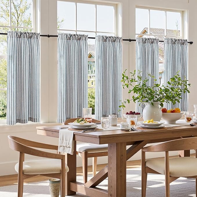 jinchan Striped Linen Kitchen Curtains 45 Inches Length Tier Curtains Farmhouse Modern Cafe Style Small Window Treatments Airy Light Filtering Rod Pocket for Living Room Bathroom 2 Panels Blue