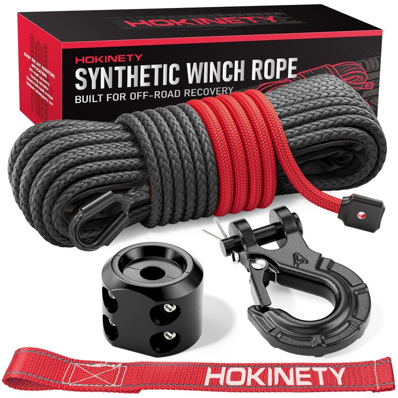 HOKINETY Synthetic Winch Rope Kit - 1/4" x 50' 10000 lbs Synthetic Winch Cable for ATV UTV Off-Road Vehicles with Forged Hook, Rubber Stopper, Protective Sleeve and Safety Pull Strap - Grey