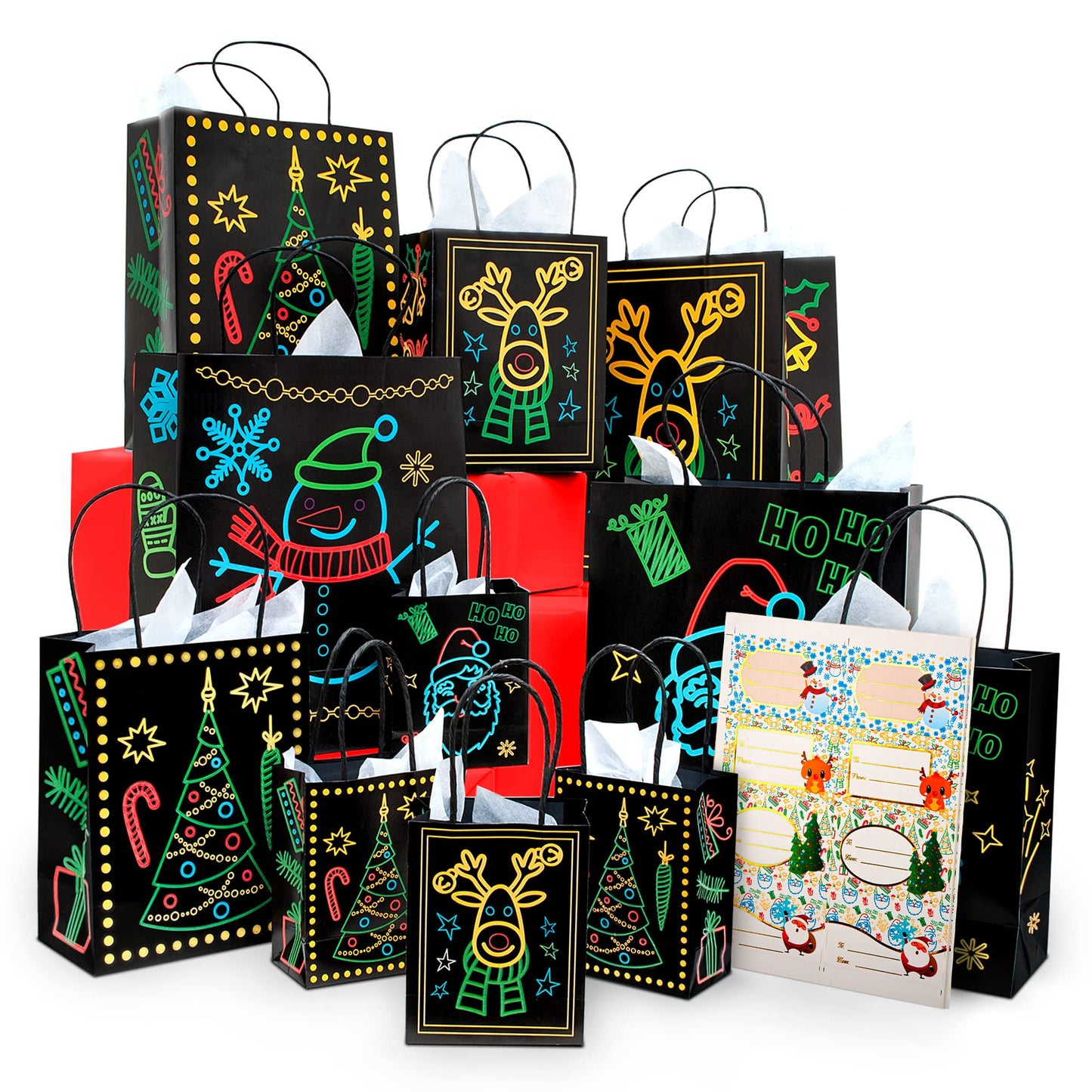 Christmas Holiday Glow-in-The-Dark Gift Bag, 22 Piece 11 Bags of 4 Different Designs, 3 Sizes Large Medium Small, 10 Stickers Labels, 11 White Tissue Papers, Gift Set with Unique Luminous Festive