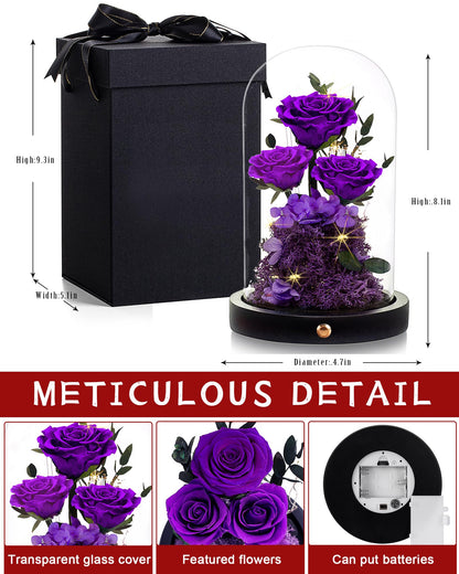 Valentines Day Flowers Roses Gifts for Her,Forever Real Preserved Roses in Glass Dome,Valentines Day Anniversary Birthday Gifts for Wife Girlfriend Women Mom Best Friend Her/Purple Rose