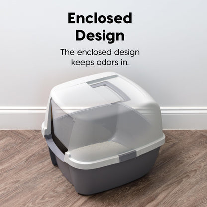 IRIS USA Cat Litter Box with Front Door Flap and Scoop, Covered Kitty Box with Handle and Buckles for Portability and Privacy, Dark Gray