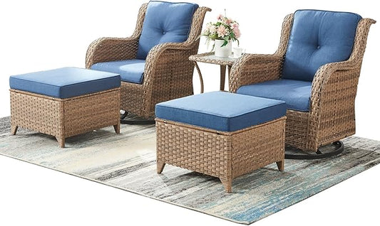 Rilyson Patio Furniture Swivel Chairs Set - 5 Piece Rattan Wicker Outdoor Sectional Conversation Sets with 2 Swivel Rocking Chairs,2 Ottomans and 1 Side Table for Porch Deck Garden(Yellow/Blue)