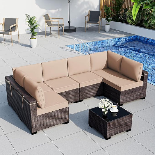 ALAULM 7 Pieces Patio Furniture Set with Coffee Table, Outdoor Sectional with Thick Cushion, All Weather Wicker Rattan Conversation Set for Backyard, Garden, Deck, Sand