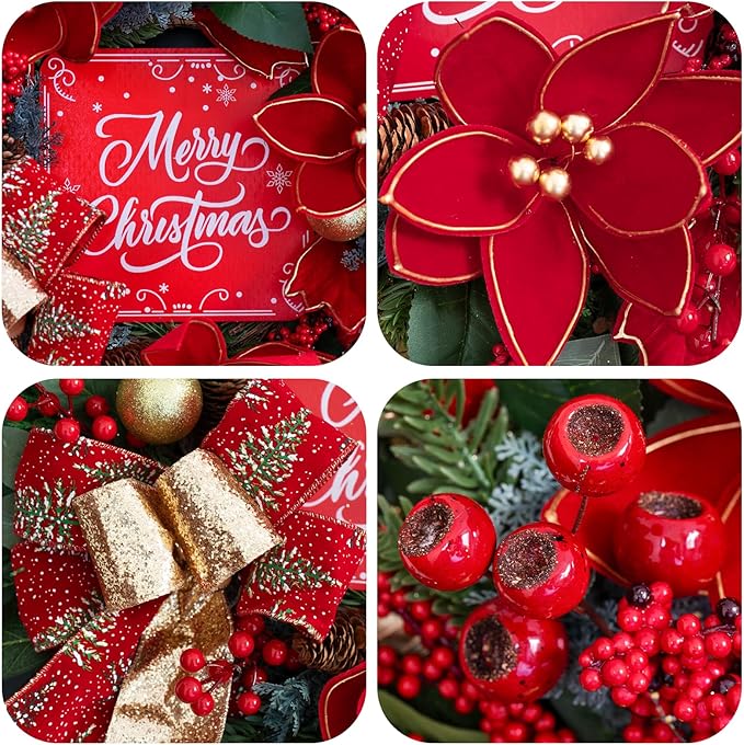 Christmas Wreath with Lights, 24 Inch Lighted Christmas Wreath for Front Door, Winter Wreath with LED Lights, red Berries, Pinecones, Gold Ball, Red Bow, Merry Christmas Sign for Indoor or Outdoor