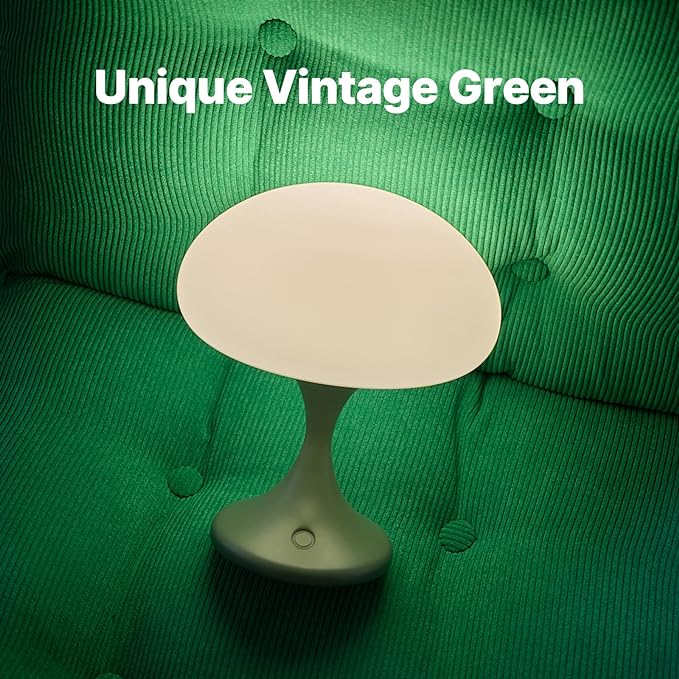 Mushroom Lamp, 5W LED Cordless Rechargeable Table Lamp with Glass Shade, Small Retro Dimmable Touch Light with 3 Color Temps, Aesthetic Mid Century Bedside Light for Bedroom Ambient, Green
