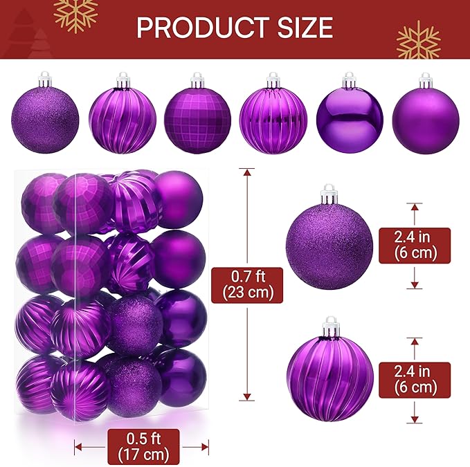 JOIEDOMI 24 Pcs Purple Christmas Balls Ornaments Set, 2.36" Christmas Tree Ornaments Shatterproof, Xmas Balls Hanging Decorations for Tree Wreath Garland Holiday Wedding Indoor Party Decor