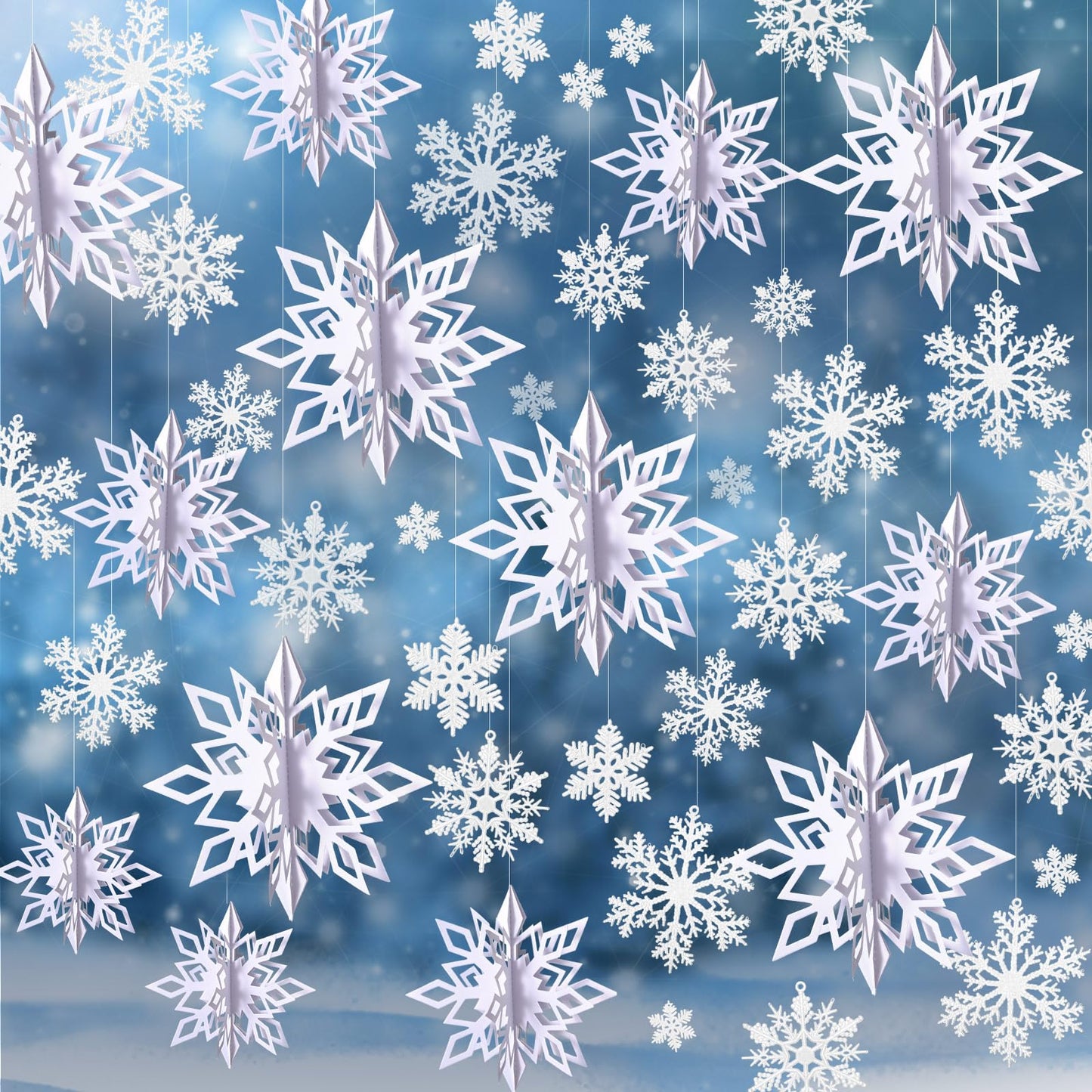 Outus 42 Pcs Winter Christmas Party Decorations 3D Snowflake Hanging Decoration Set 3D Hanging Snowflake Decor Pendant for Christmas Winter Party New Year Home(2 Inch, 3 Inch, 4 Inch,White)