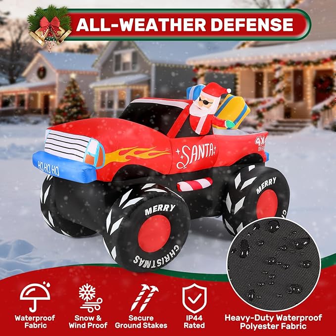 7FT Christmas Inflatables Outdoor, Santa Claus on Monster Truck Blow Up Yard Decor with Built-in LED Lights, Waterproof Xmas Decorations for Garden Lawn Holiday Party