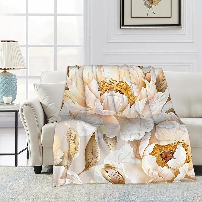 Vintage Golden Peony Blanket Gfits for Women Men Kids Floral Throw Blankets Soft Lightweight for Home Decor Couch Bed Sofa 50x60 Inches