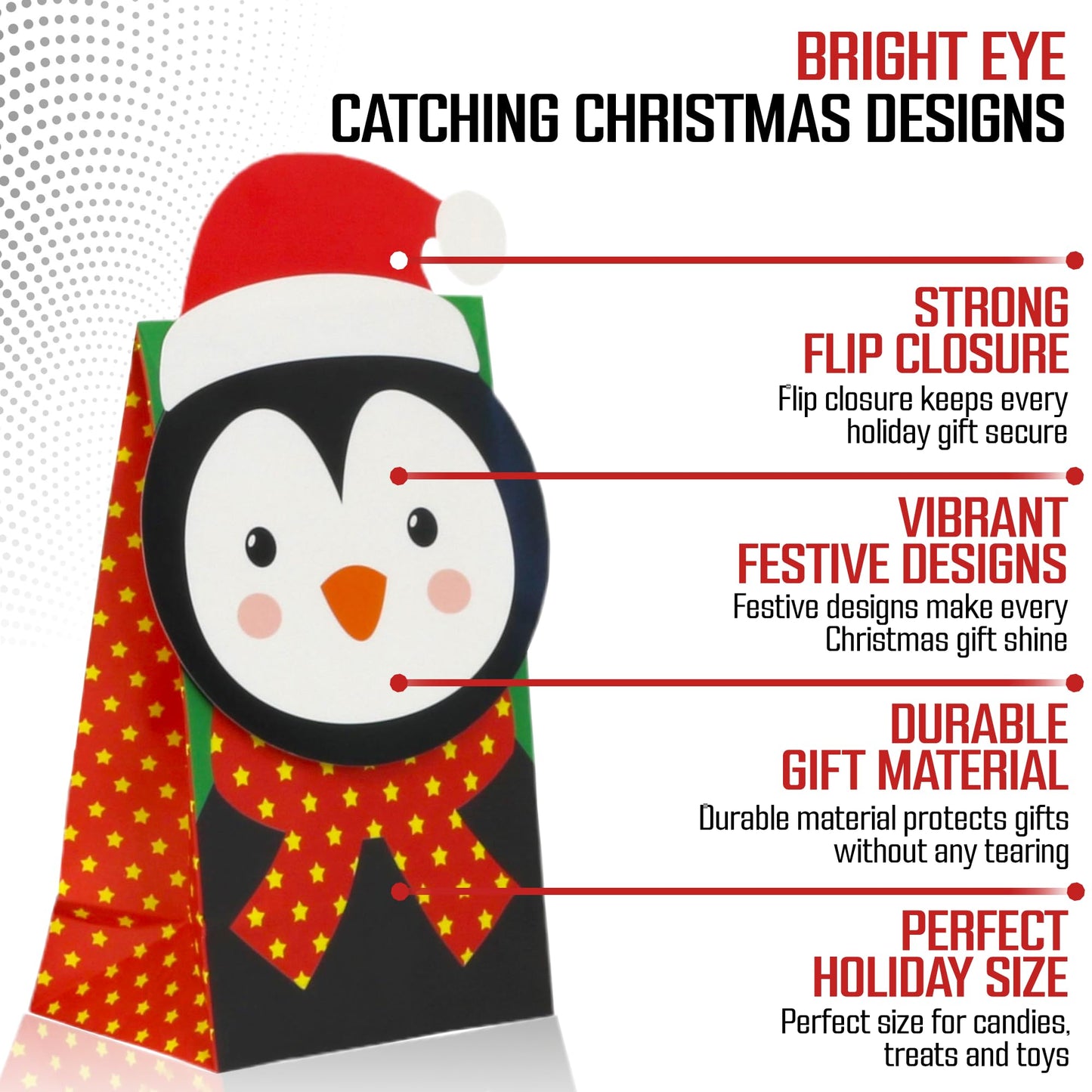 Iconikal Christmas Die-Cut Flip Over Gift Bags, 20-Count - Cute Holiday Treat Bags with Festive Animal Designs