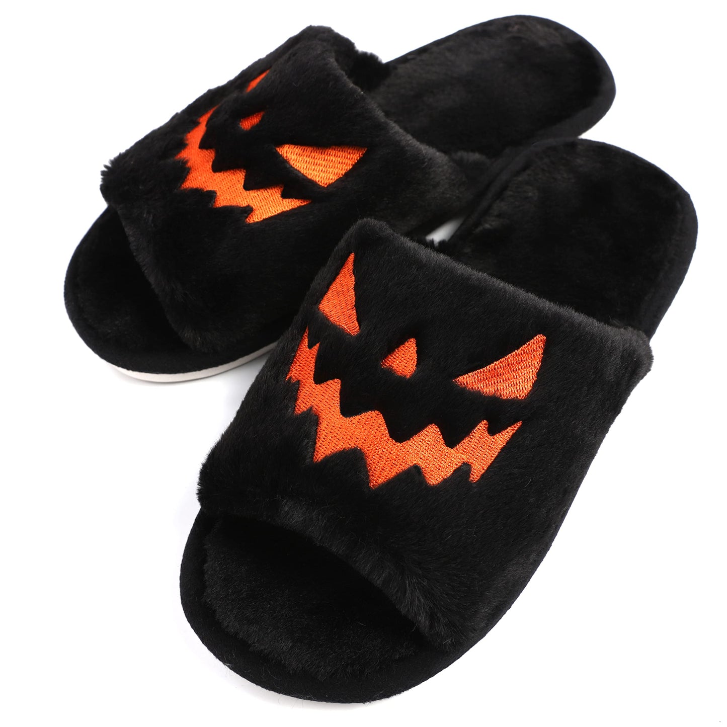 TITTOK Spooky Slides Halloween Slippers Jack O Lantern Pumpkin Soft Plush Cozy Open Toe Indoor Outdoor Fuzzy Slippers Gifts For Girls Women Girlfriend Men