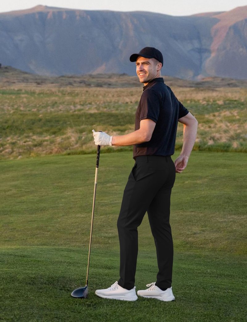 Soojun Men's 4-Way Stretch Performance Golf Pants, Quick-Dry Lightweight Tech Trousers, Versatile Business Casual Dress Pants with Hidden Pockets, Black, 38W x 32L
