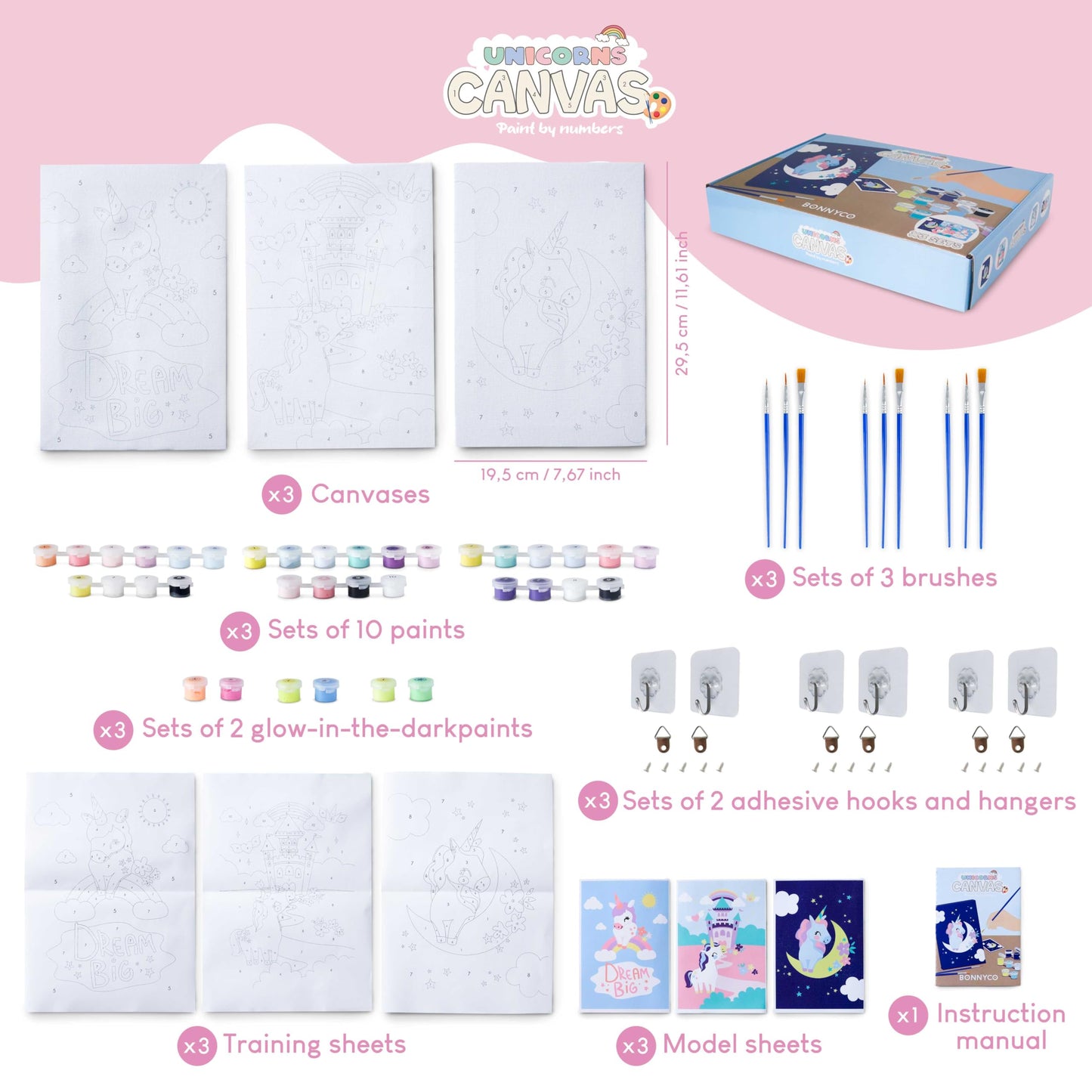 BONNYCO Paint by Numbers for Children Unicorns, Pack 3 Canvases Unicorn Gifts for Girls, Craft Kits Kids, Paint by Numbers Kits | Boys and Girls Toys, Painting Children Set | Creative Kids Gifts