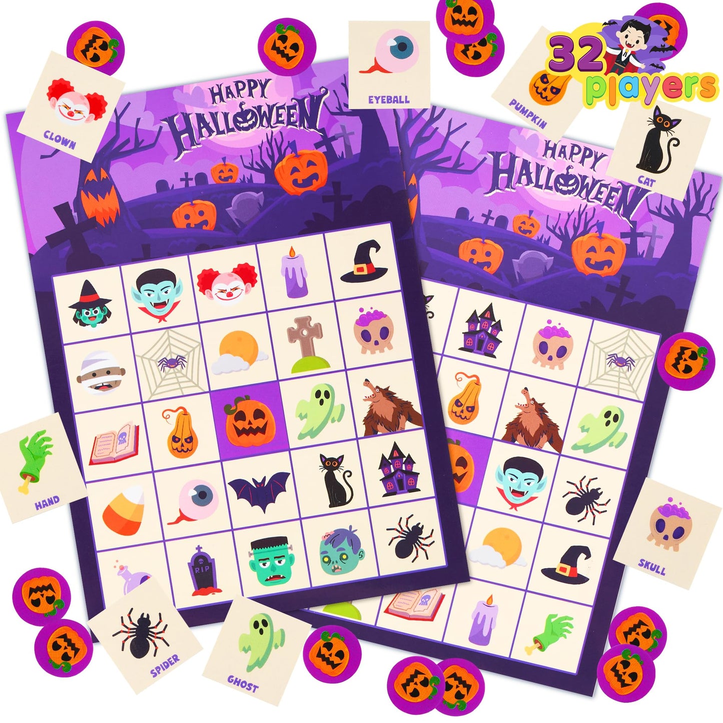 JOYIN 32 Players Halloween Bingo Card Game, Kids Bingo Cards Set for Halloween Party Games, Large Group Family Activities, School Classroom Party Supplies
