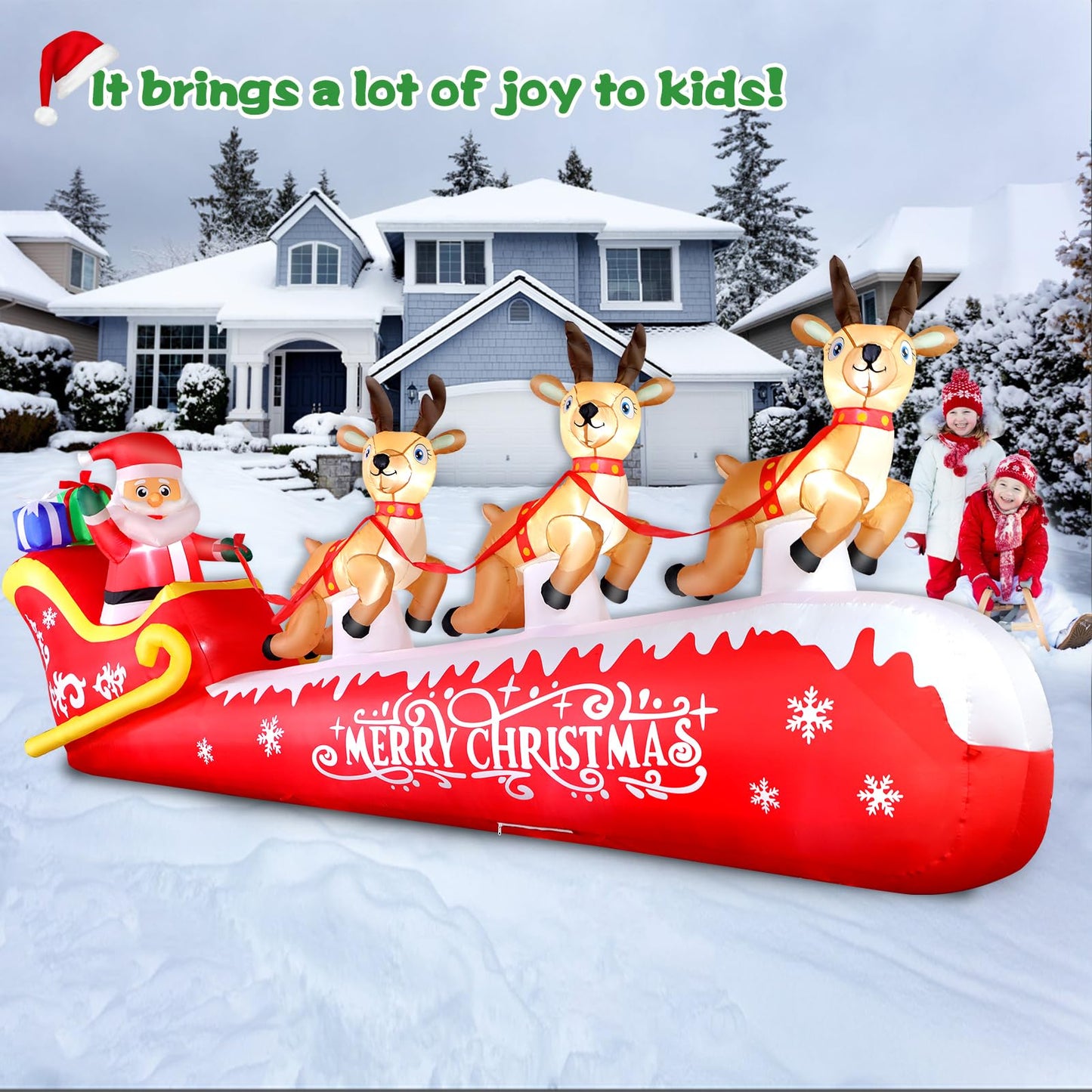 FunFanso 12FT Christmas Inflatable Santa Claus on Sleigh with 3 Reindeers Outdoor Decorations, Giant Christmas Blow Up Yard Decorations with Bright LED Lights for Lawn Street Garden Xmas Holiday Party