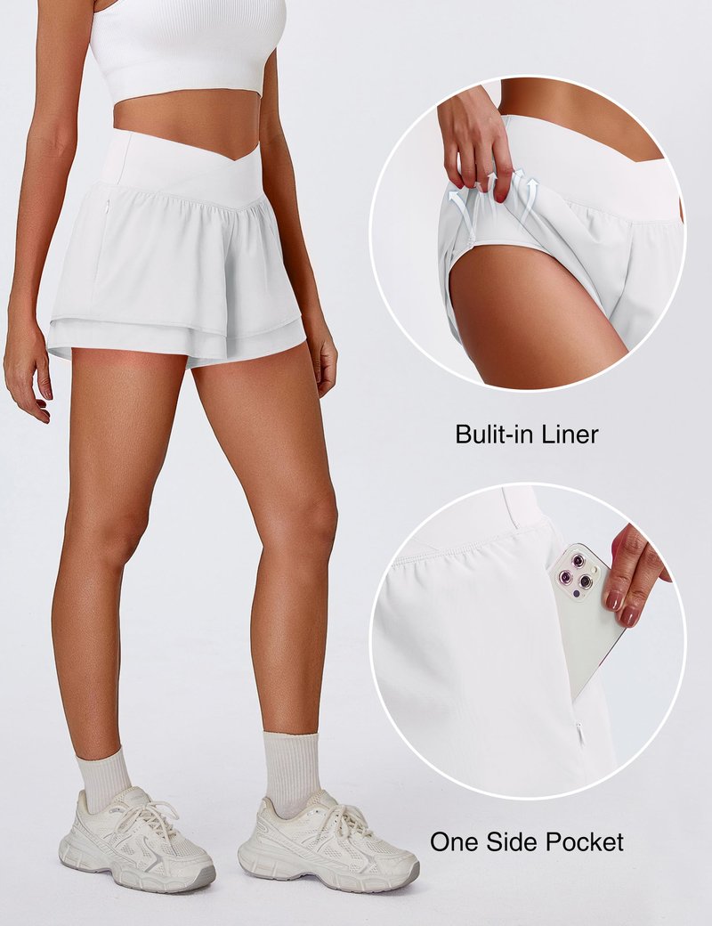 BMJL Womens Athletic Running Shorts High Waisted Crossover Workout Short with Pocket 3"