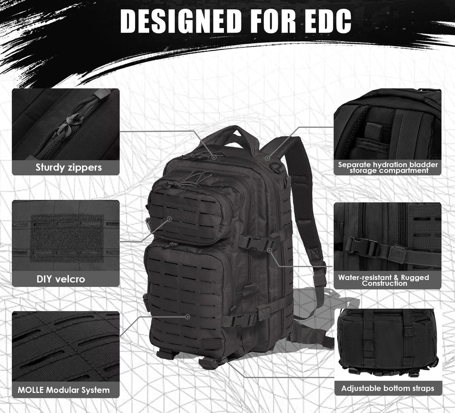 Military Tactical Backpack for Men 35L Small Molle System Water Resistant 3 Day Survival Assault Pack for Bug Out Bag Rucksack Travel Hiking Camping Gym Range Trekking Hunting Sport Work (Black)