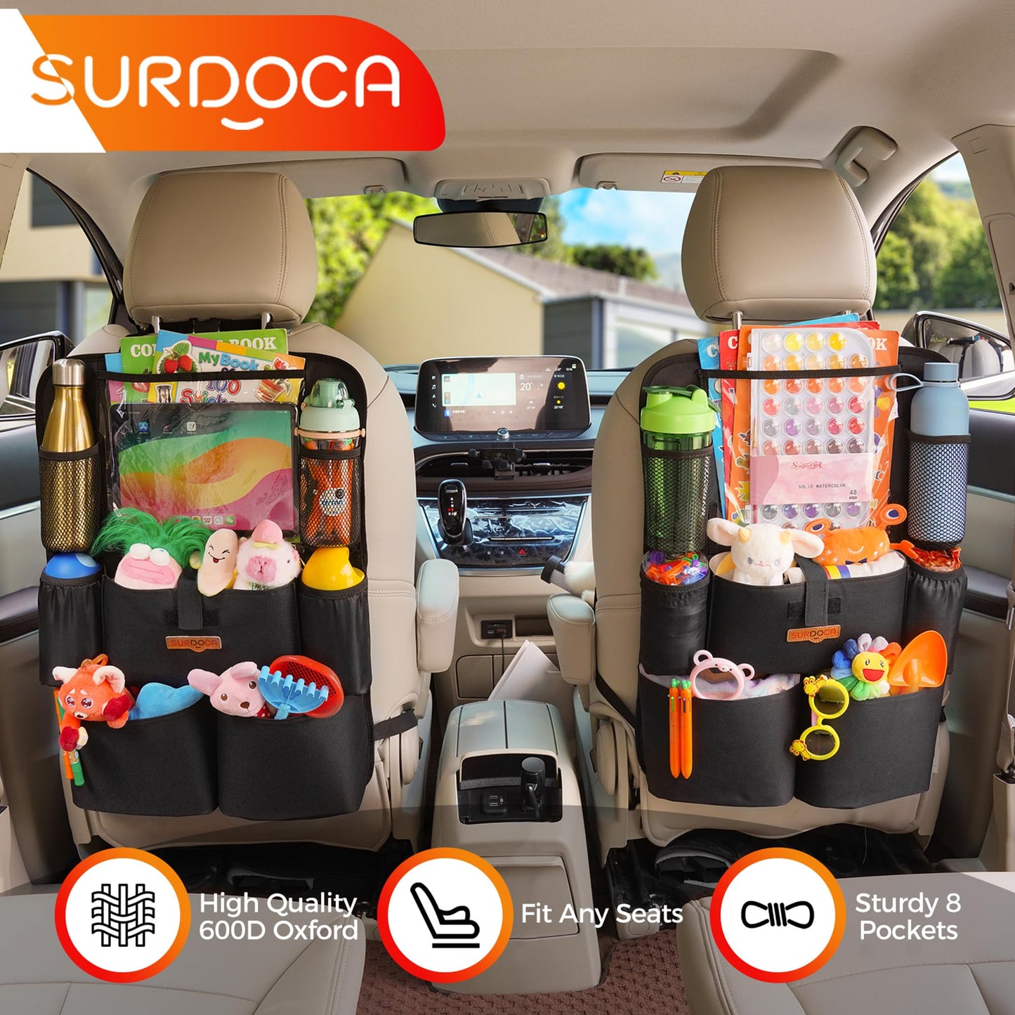 SURDOCA UPGRADED Car Seat Organiser for up to 11-inch Tablet Holder, 8 Pockets, Kids Toy Storage, Water Proof Back Seat Protector for Kids