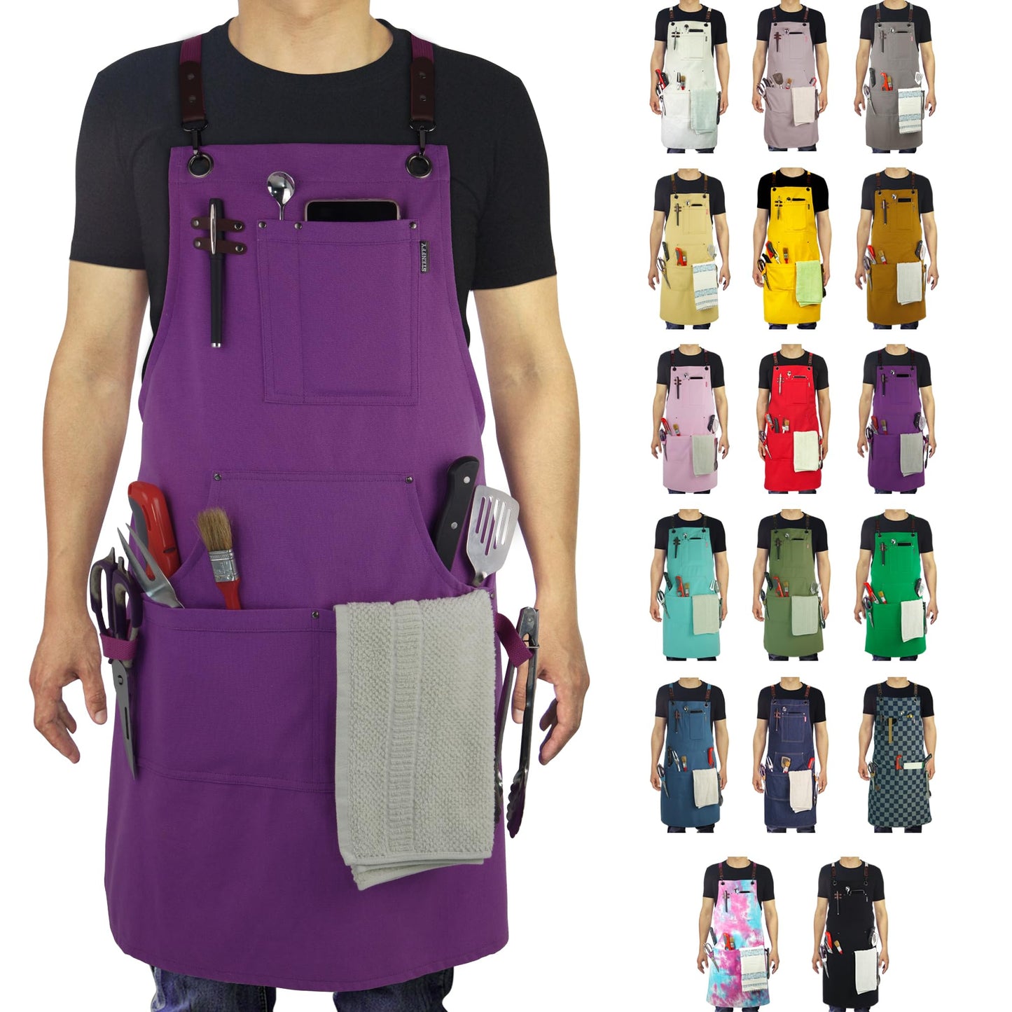 Stenffy Kitchen Apron, Work Apron, Canvas, Multiple Pockets, Gardening, Painting, BBQ, Carpenter, Sizes M to XXL, Purple