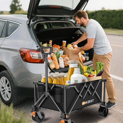 Hikzest Collapsible Wagon Cart Foldable, 360LBS Heavy Duty Utility Wagon, Beach Wagon with Wider Wheels, Portable Grocery Cart for Camping, Shopping, Garden, Sports, Black