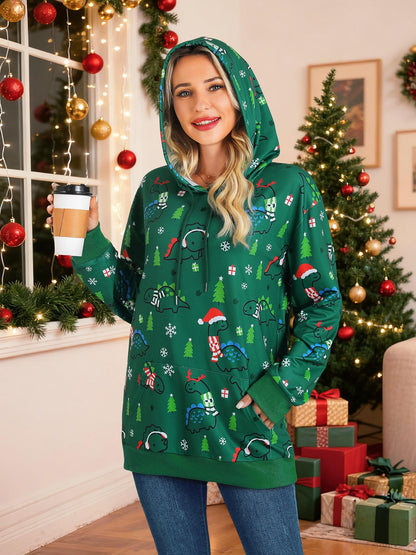 RMCMS Women Cute Dinosaur Graphic Hoodies Lightweight Comfrt Pullover Hoodies Casual Sweatshirts with Pockets Christmas Green M