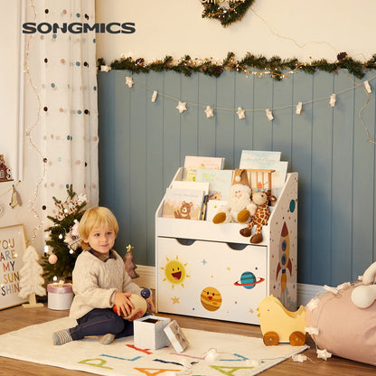 SONGMICS Toy Organiser, Children抯 Bookshelf with 3 Shelves, Removable Storage Box with Wheels, Multipurpose, for Children's Room and Playroom, White GKR41WT
