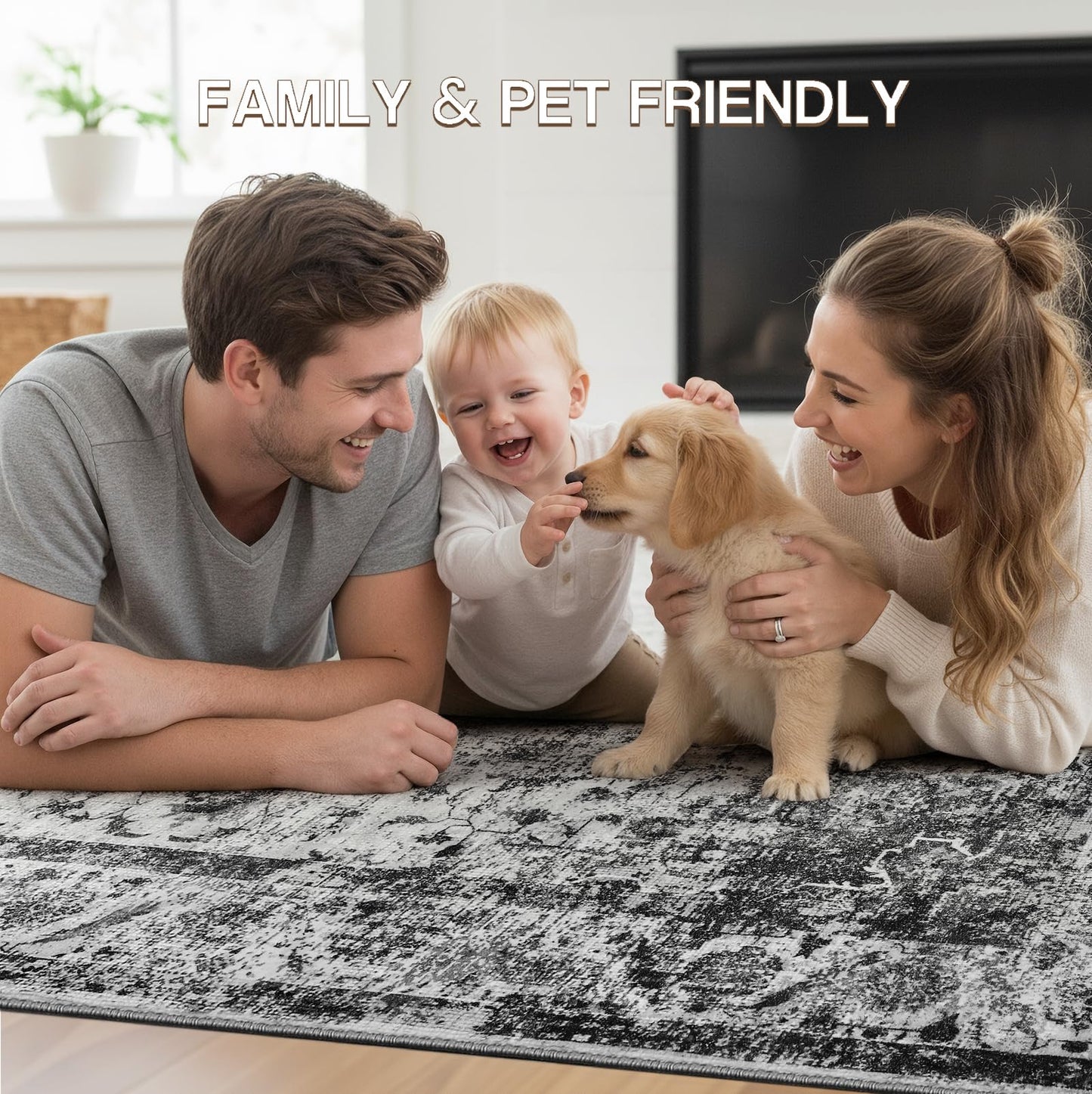 YOH Boho Washable Rug 8x10, Black Vintage Non Slip Area Rug, Distressed Indoor Carpet for Living Room Bedroom Kitchen Office