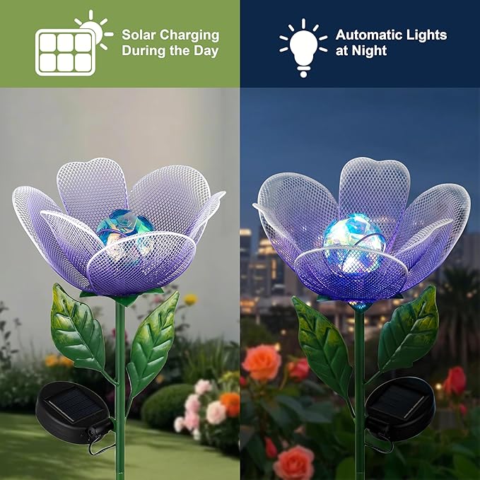 Flower Solar Lights for Outside,2 Pack Metal Flower Solar Lights for Outside,Tulip Solar Powered Garden Light Outdoor Decor,Housewarming Ornament for Patio, Lawn, Yard, Pathway (Breathing light)