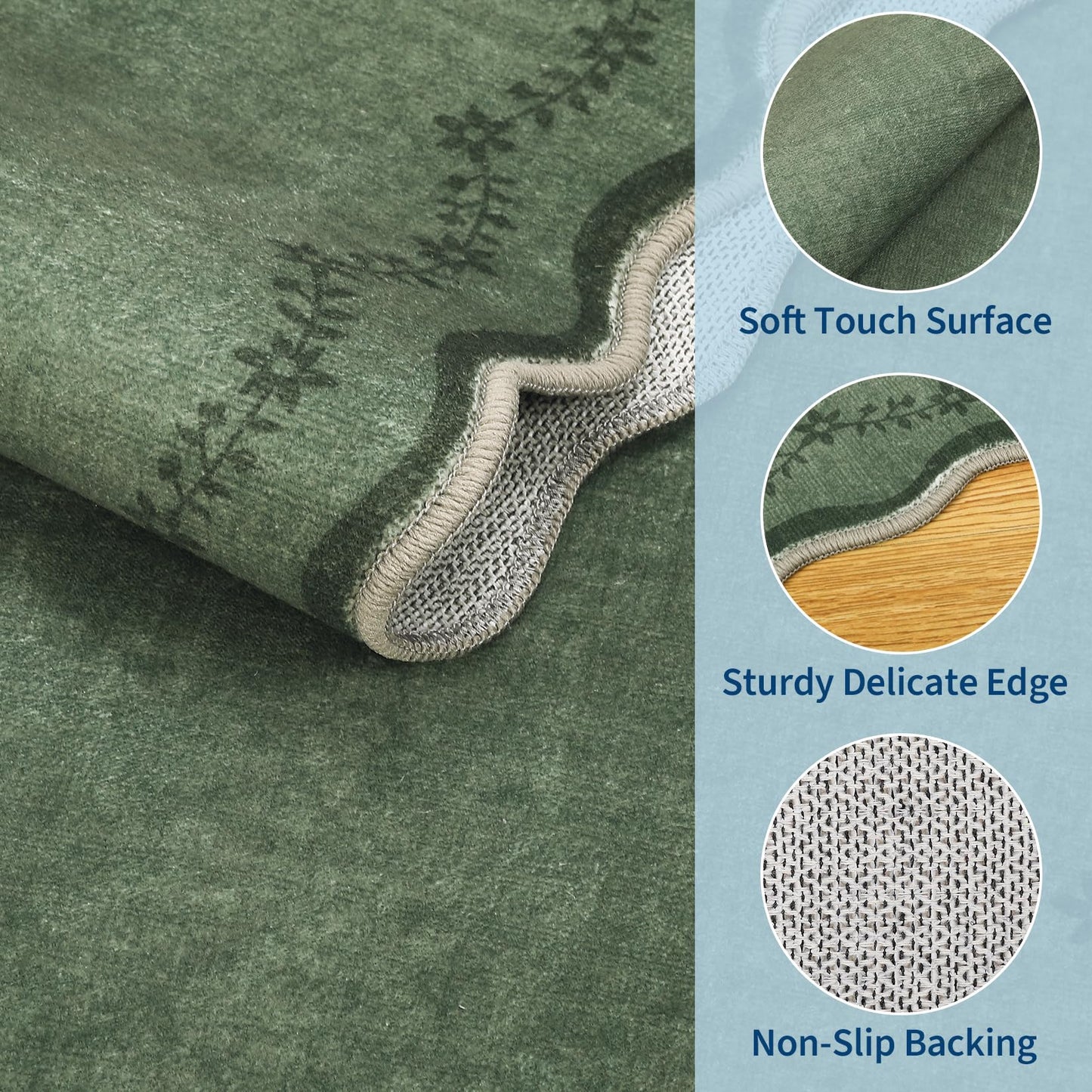 GarveeHome 4x6 Green Scalloped Washable Area Rug for Nursery Room, Solid Floral Soft Nursery Rug Non Slip Low Pile Small Carpet Stain Resistant Throw Rug for Dorm Kids Room Office Dining Room