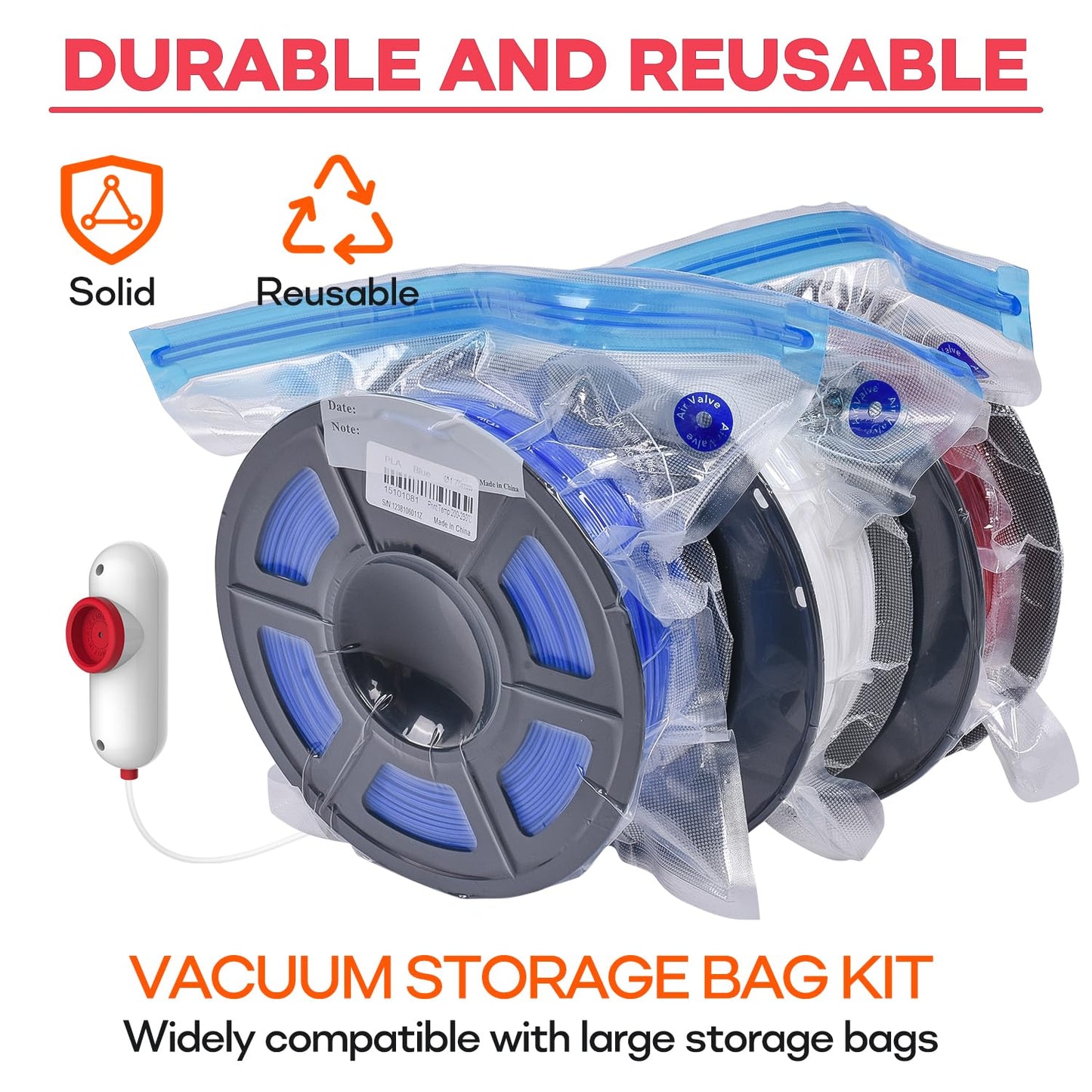 Vacbird 3D Printer Accessories Upgrade Vacuum Kit, 30pcs 3D Filament Vacuum Bags with USB Pump (30 * 34cm) Reusable, for 3D Printer Filament Storage, Protect Filament from Moisture