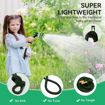100FT Garden Hose – Upgraded 3-Layer Latex, No-Kink Expandable Water Hose with 3/4"& 1/2" Metal Connectors, 10-Function Spray Nozzle, Flexible Hose Pipe for Gardening, Washing & Cleaning