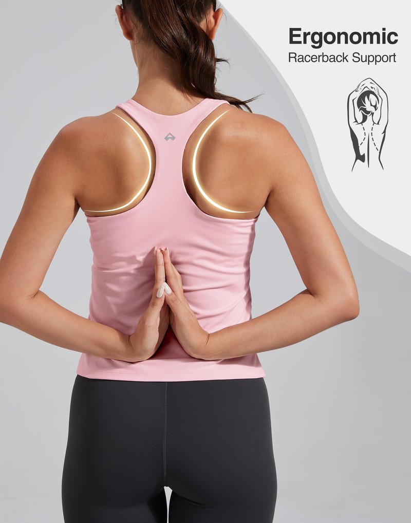 Pioneer Camp Workout Tank Tops for Women with Built in Bra, Sleeveless Gym Tops Seamless Racerback Athletic Yoga Shirts, Pink, L