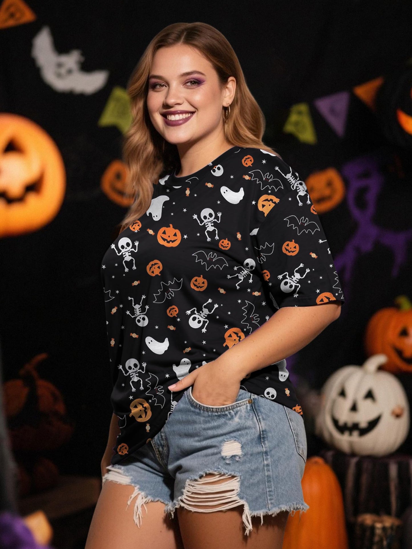 Anbech Women Plus Size Halloween Tops Pumpkin Grapchic Thanksgiving T-Shirt (Full Black, 5XL)