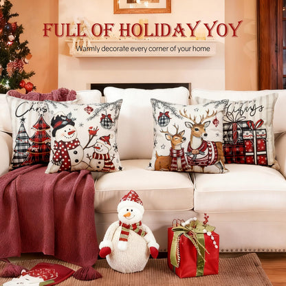 Aursaos Happy Holiday Merry Christmas Plaid Pillow Covers 18x18 Set of 4, Grey Striped Red Buffalo Plaid Snowman Tree Deer Decorative Winter Throw Pillow Case for Couch Sofa Living Room