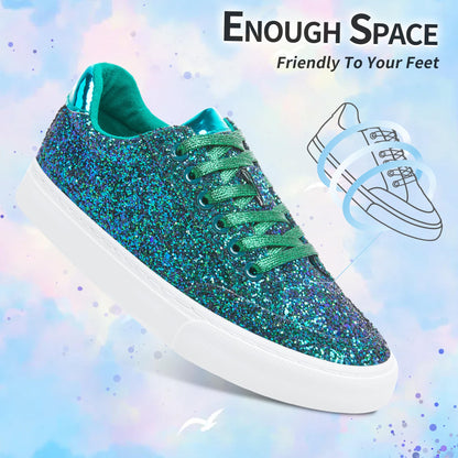 Jeekopeg Glitter Sparkly Fashion Sneakers Shoes Shiny Casual Shoes Bling Sequin Concert Low Cut Lace up Shoes(Green Glitter,8 Women/6.5 Men)