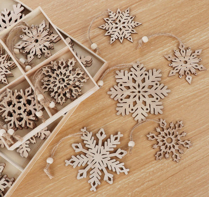 Wooden Snowflakes Christmas Ornaments 16Pcs Tree Hanging Decorations Rustic Wood Crafts