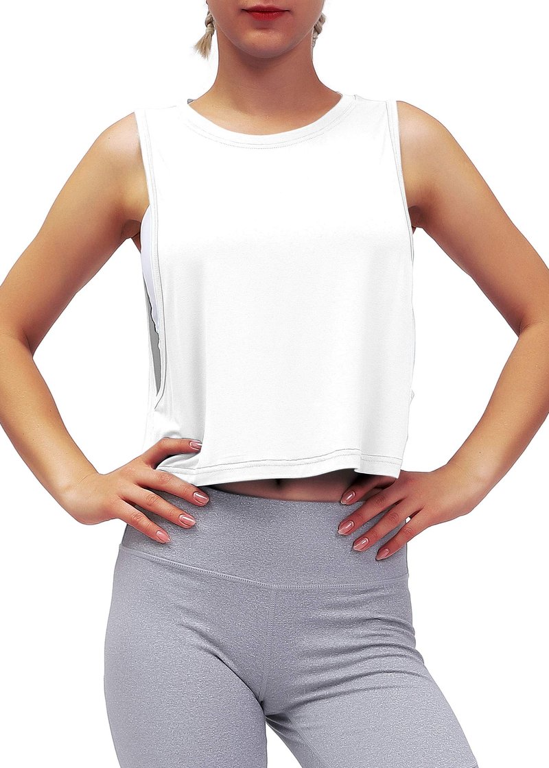 Mippo Cropped Workout Tops for Women Crop Top Workout Shirts Muscle Shirts Mesh Tank Athletic Clothes Active Wear White M