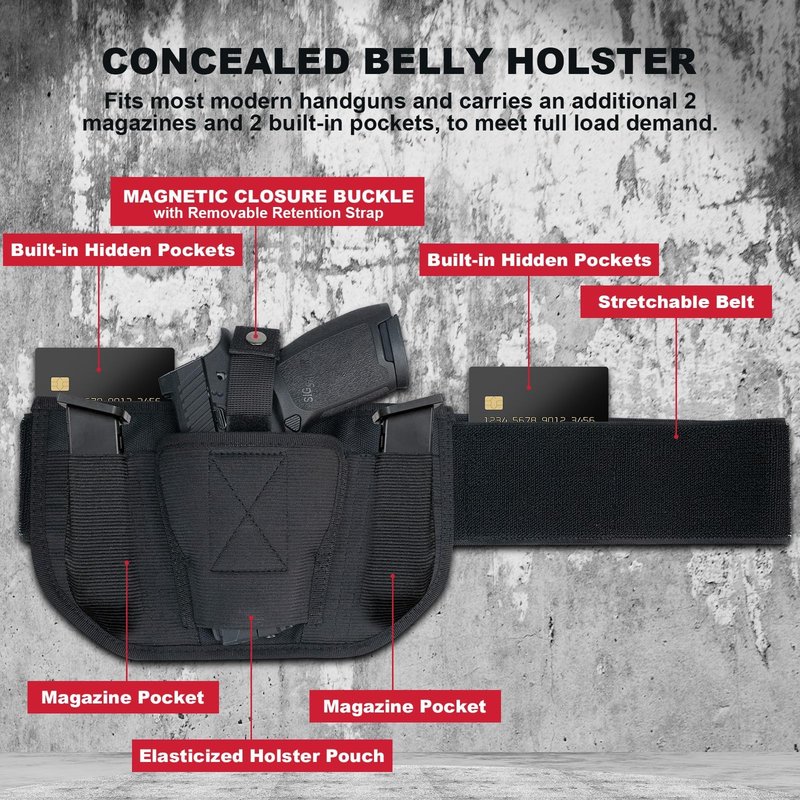 Belly Band Holster for Concealed Carry - Gun Holster for Men & Women, Ambidextrous Design, Double Mag Pouch for Most Pistols and Revolvers
