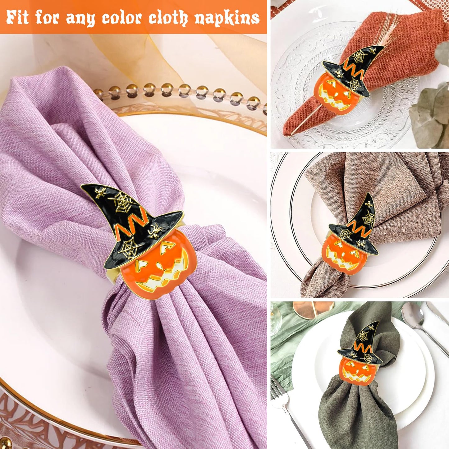Legigo Set of 6 Halloween Napkin Rings for Dinning Table Settings- Horror Scary Orange Pumpkin Black Witch Hat Napkin Holder Ring for Holiday Party Kitchen Dinner Table Decarations
