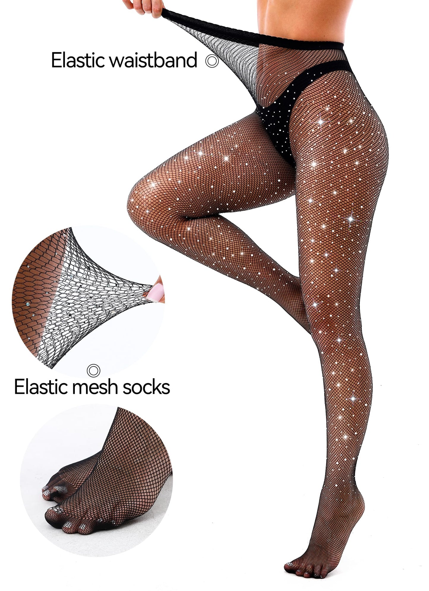 VEBZIN Black Sparkly Fishnet Stockings for Women Tights Rhinestone Diamond Fishnets Leggings High Waist Stockings