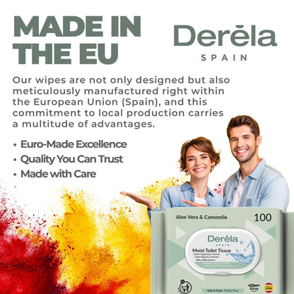 Derela WC Flushable Toilet Paper Wet Wipes - Dermatologically Tested / PH Neutral for The Skin (400 Wipes / 4 Packs)