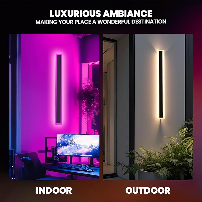 23.6’’ Upgraded Modern RGB Wall Lights – Indoor/Outdoor LED Wall Sconce with Remote & App, Cool/Warm White, Party Mode, IP65 Waterproof & Rustproof – for Home, Business, or Gaming Spaces