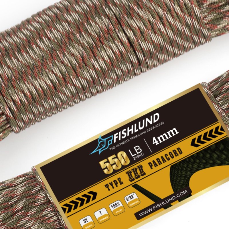 FISHLUND Paracord 550 lb, 7 Strand Paracord Rope 250ft 4mm, Nylon Parachute Cord for Camping, Forest Camo