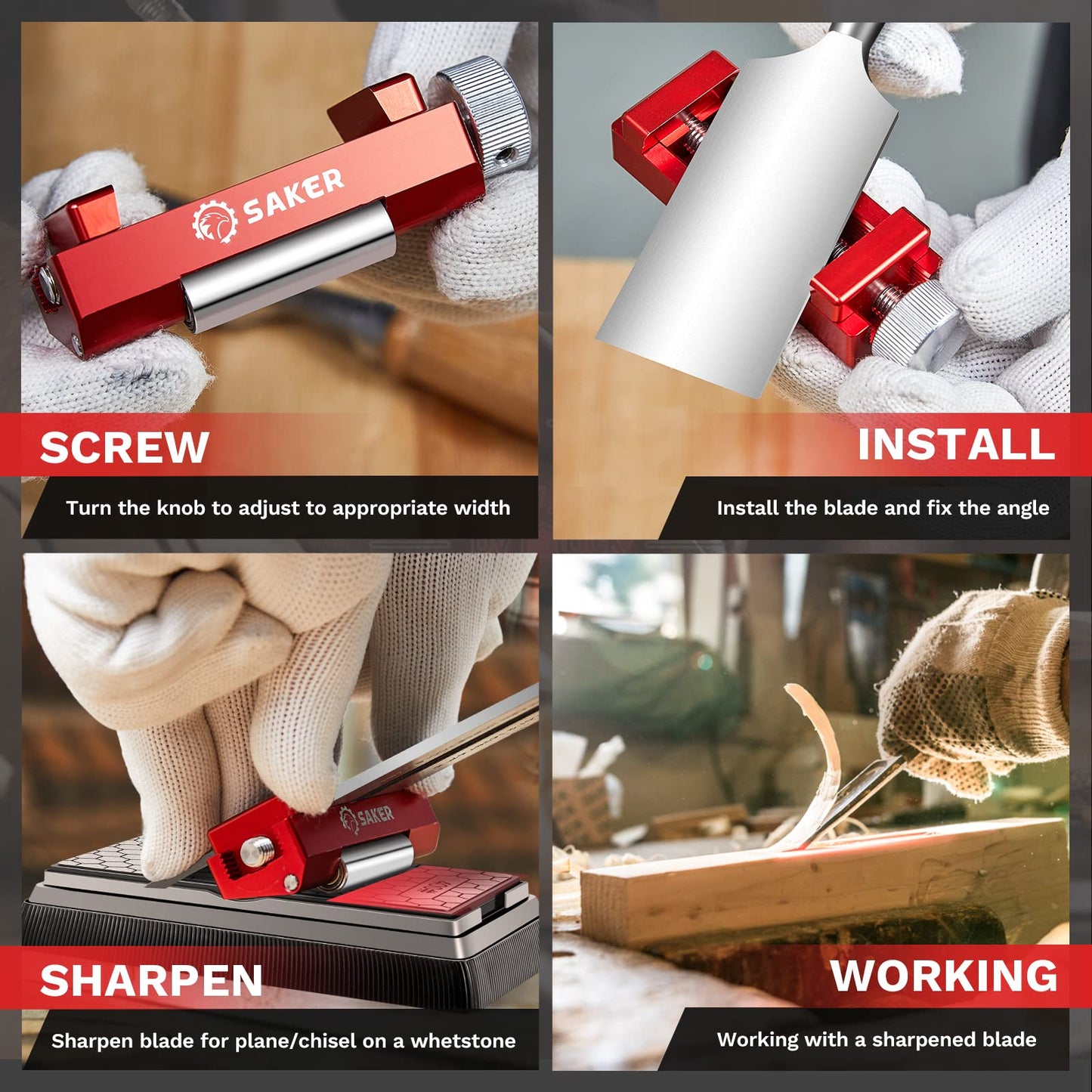 Saker Honing Guide with Whetstone - Red Off-Center Upgraded Honing Tool and Diamond Sharpening Stone Set Kit for Kitchen Knife, Short Chisels and Planes, Fine/Coarse Plate, 400/1000/Grit