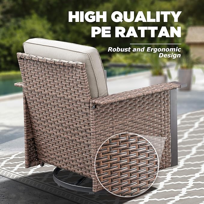3 Pieces Outdoor Patio Furniture Set-Wicker Patio Swivel Rocker Chairs Set of 2 with Outdoor Side Table, Comfy Rattan Glider Chairs Outdoor Seating Furniture for Porch Deck Balcony Garden Brown/Beige